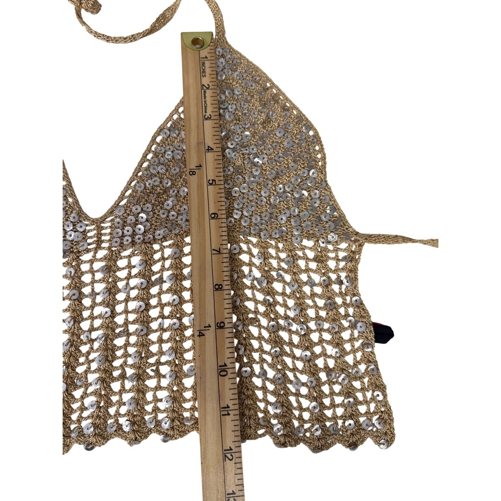 SHE'S Halter Top Women OS Gold Sequin Crochet Knit Festival Boho Mermaidcore Y2K - Picture 8 of 9